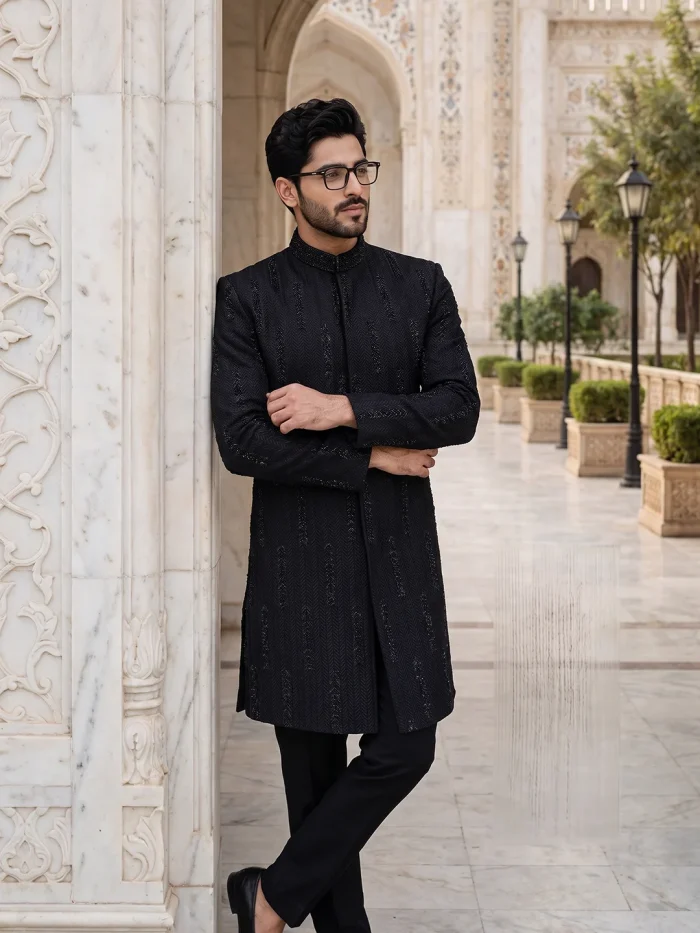Black Handmade Sherwani with Digital Thread Embroidery