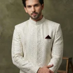 Off White Digital Thread Embroidery Sherwani for Men – Latest Luxury Groom Wear