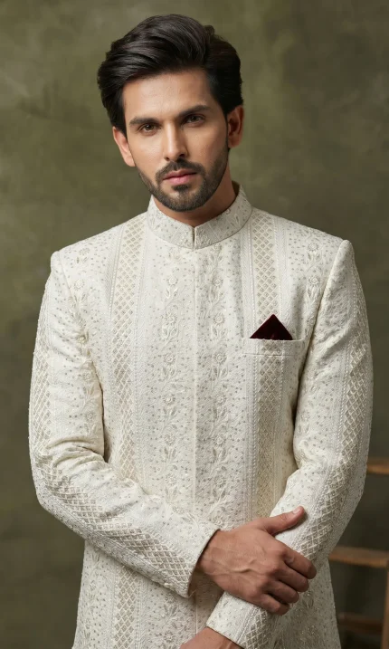 Off White Digital Thread Embroidery Sherwani for Men – Latest Luxury Groom Wear