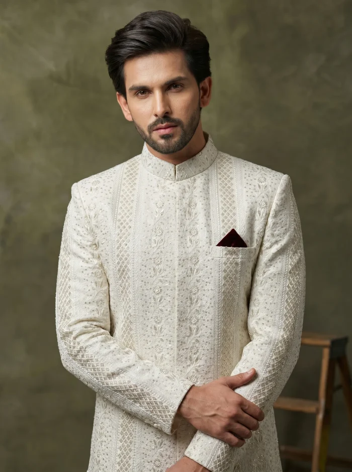 Off White Digital Thread Embroidery Sherwani for Men – Latest Luxury Groom Wear