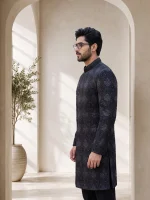 Black Sherwani Stunning Digital Thread Handmade Embroidery - Image 2