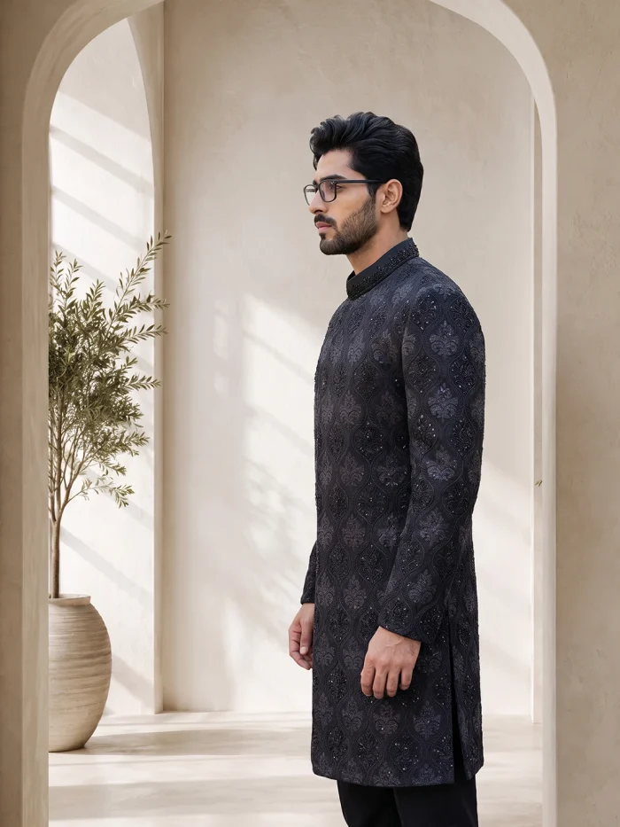Black Sherwani Stunning Digital Thread Handmade Embroidery - Image 2