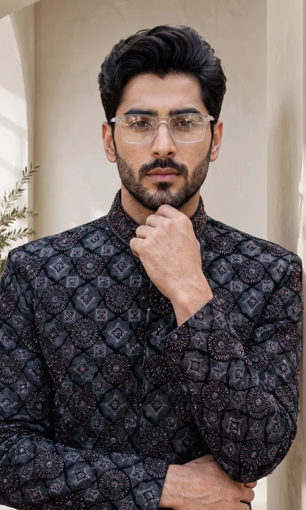 Black sherwani with digital thread handmade embroidery for men’s wedding and formal wear.