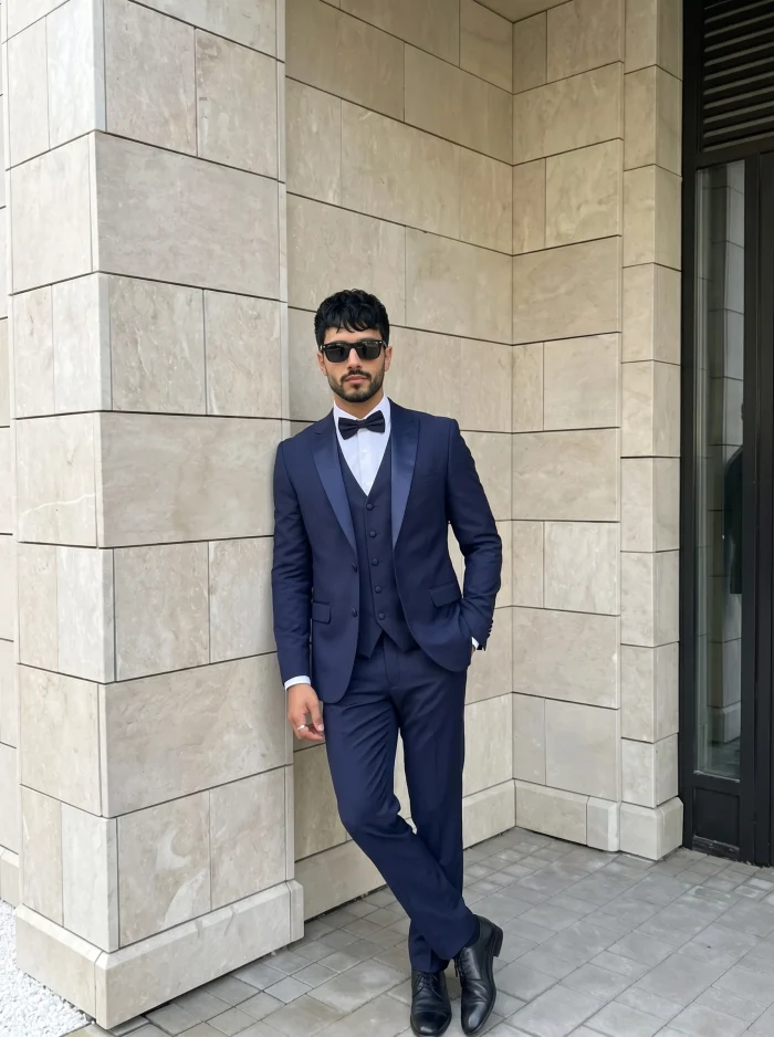 Designer Suit Premium Navy Blue 3 Piece Peak Lapel Suit (PC-07) - Image 4