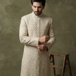 Luxury off-white sherwani with digital thread embroidery and handmade embroidery for men’s wedding wear