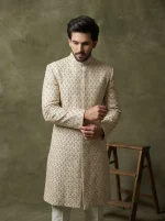 Luxury off-white sherwani with digital thread embroidery and handmade embroidery for men’s wedding wear