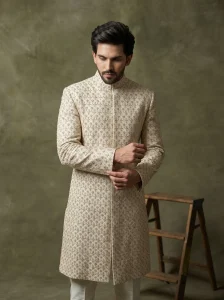 Luxury off-white sherwani with digital thread embroidery and handmade embroidery for men’s wedding wear