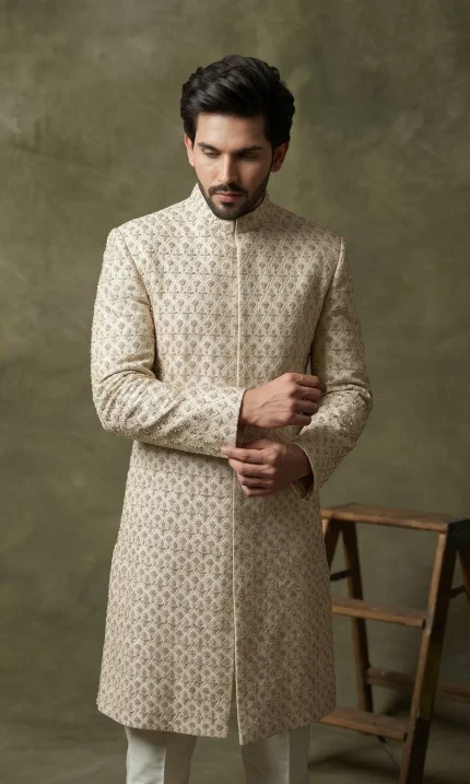 Luxury off-white sherwani with digital thread embroidery and handmade embroidery for men’s wedding wear