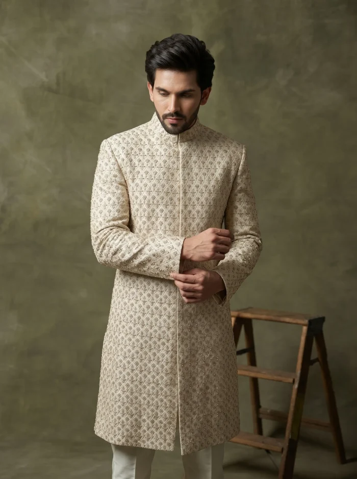 sherwani Luxury off-white sherwani with digital thread embroidery and handmade embroidery for men’s wedding wear