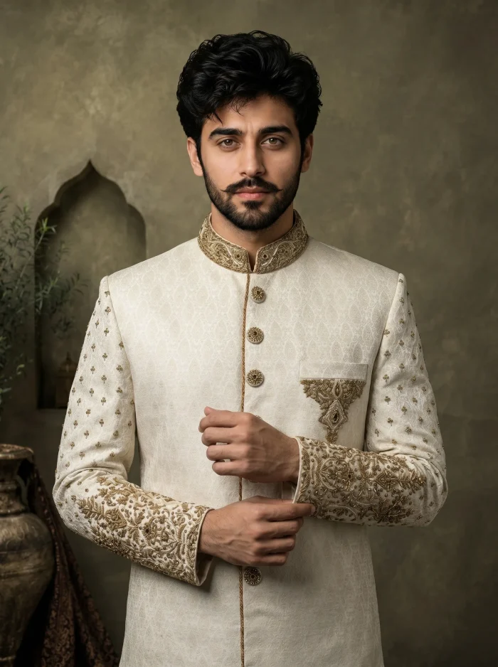 Skinish Grey Jamawar Sherwani Premium Handmade Embroidery - Image 2