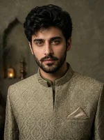 Premium Mehndi Green Prince Coat with Digital Thread Embroidery - Image 2