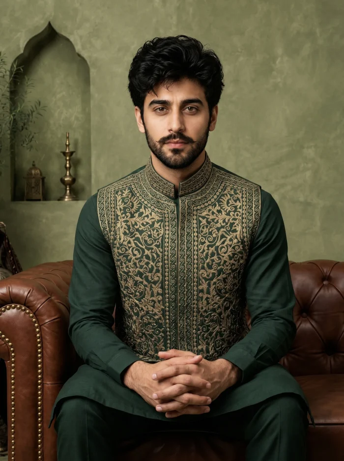 Bottle Green Silk Waistcoat Premium Tila Work Embroidery - Image 2