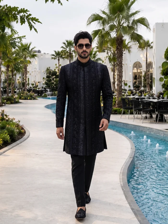 Black Sherwani with Handmade Digital Thread Embroidery – Premium Designer Style Black sherwani with handmade digital thread embroidery for groom wedding wear.