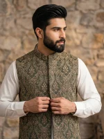 Green Jamawar Waistcoat Exclusive Handmade Embroidery Self-Print Design 2026 - Image 2