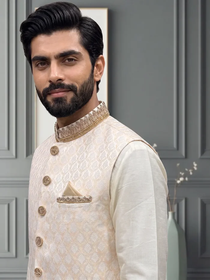 Jamawar Waistcoat Stunning Handmade Embroidered Men’s Waistcoat (W-26) - Image 2