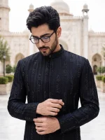 Luxury Black Handmade Sherwani with Digital Thread Embroidery - Image 2