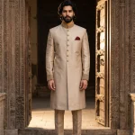 Champagne Gold Silk Sherwani with Handmade Embroidery for Men