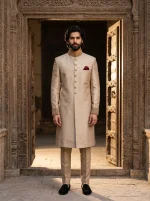 Champagne Gold Silk Sherwani with Handmade Embroidery for Men