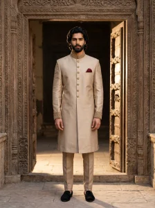 Champagne Gold Silk Sherwani with Handmade Embroidery for Men
