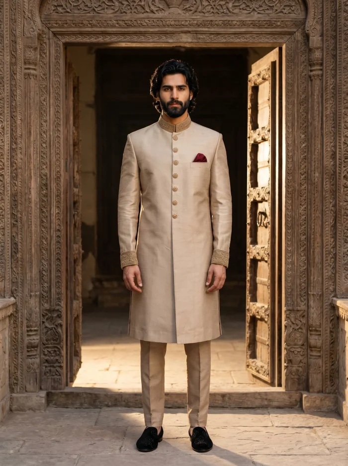 sherwani Champagne Gold Silk Sherwani with Handmade Embroidery for Men