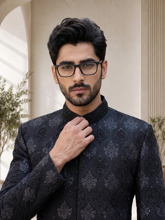 Luxury Black Sherwani with Handmade Digital Thread Embroidery - Image 2