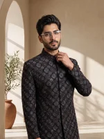 Black Sherwani Stunning Digital Thread Handmade Embroidery - Image 3
