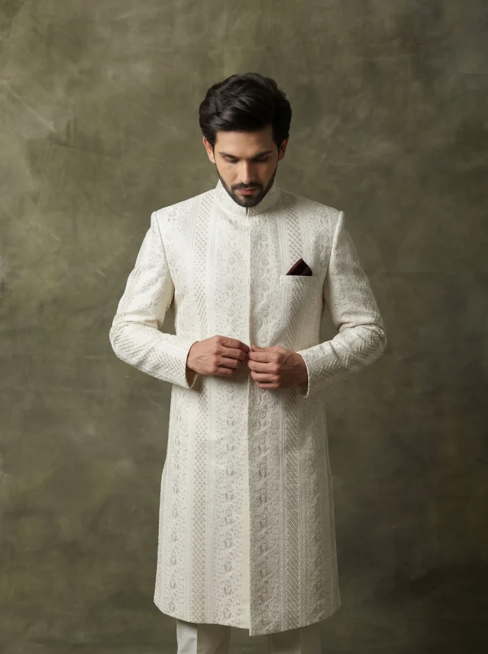 Luxury Off White Sherwani with Digital Thread Embroidery Latest Groom Style - Image 4