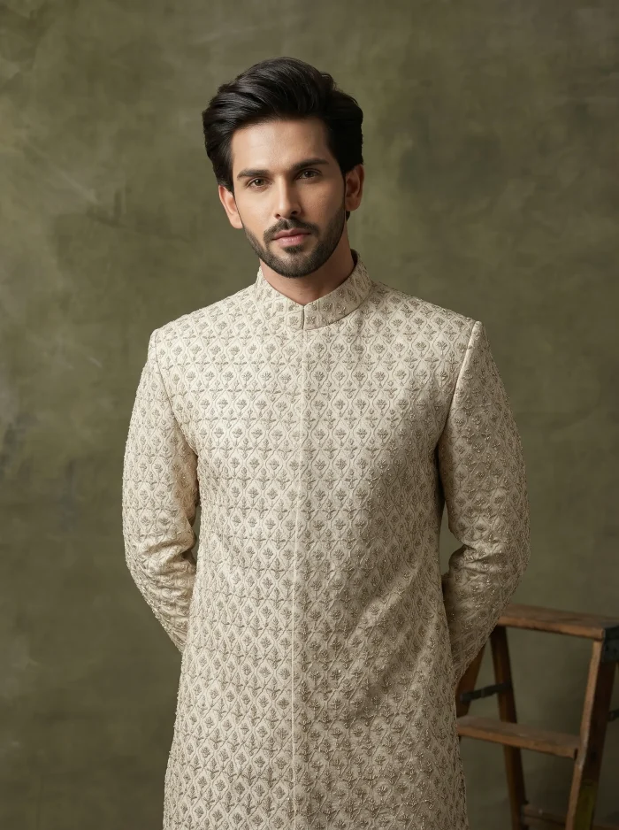 Luxury Off-White Digital Thread Embroidered Handmade Sherwani - Image 2