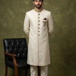 Skinish Grey Jamawar Sherwani with Handmade Embroidery for Men