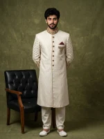 Skinish Grey Jamawar Sherwani with Handmade Embroidery for Men
