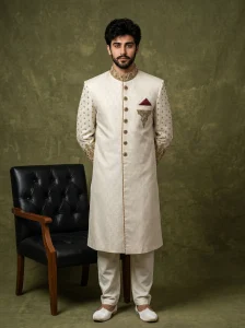 Skinish Grey Jamawar Sherwani with Handmade Embroidery for Men