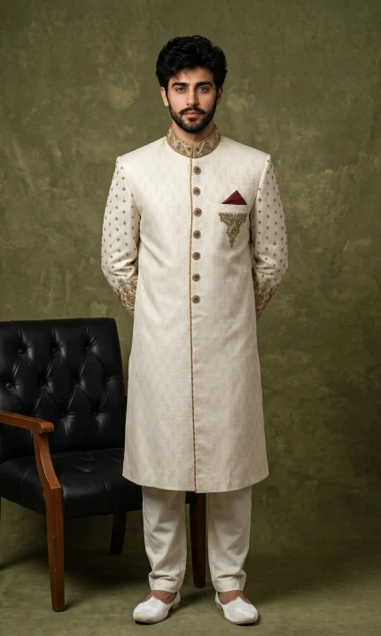 Skinish Grey Jamawar Sherwani with Handmade Embroidery for Men