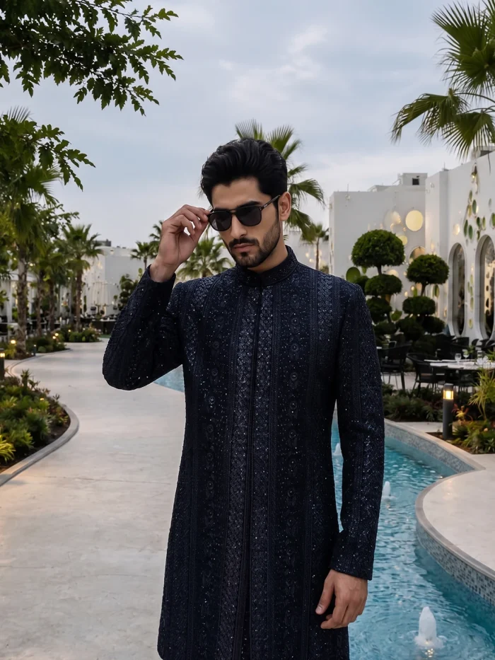 Black Sherwani Stunning Handmade Digital Thread Embroidery for Men - Image 6