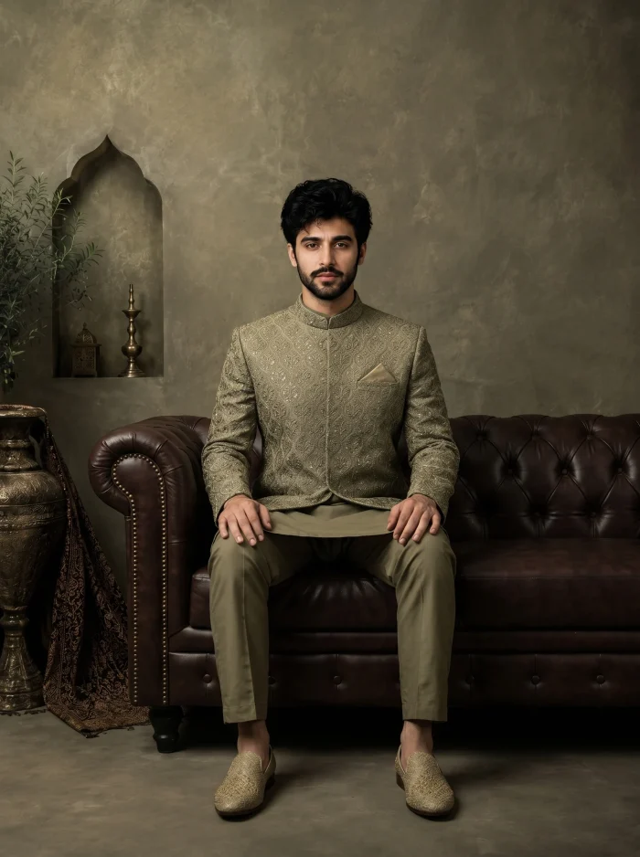 Premium Mehndi Green Prince Coat with Digital Thread Embroidery - Image 5