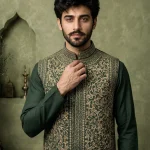 Bottle Green Silk Waistcoat with Premium Tila Work Embroidery for Men