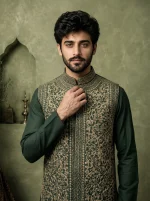 Bottle Green Silk Waistcoat with Premium Tila Work Embroidery for Men