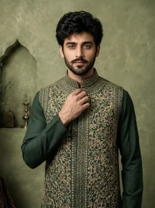 Bottle Green Silk Waistcoat with Premium Tila Work Embroidery for Men