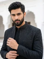 Black Prince Coat Premium Digital Thread Embroidery Designer Wear - Image 3