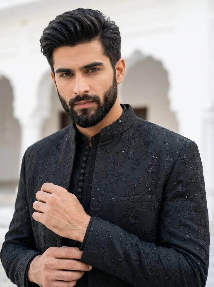 Black Prince Coat Premium Digital Thread Embroidery Designer Wear - Image 3
