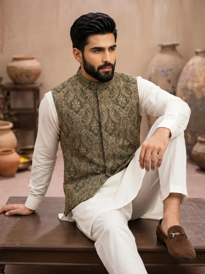 Green Jamawar Waistcoat Exclusive Handmade Embroidery Self-Print Design 2026 - Image 3