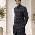 Black Sherwani with Handmade Digital Thread Embroidery
