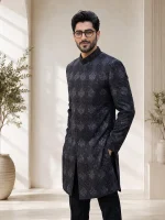 Black Sherwani with Handmade Digital Thread Embroidery
