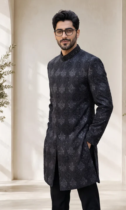 Black Sherwani with Handmade Digital Thread Embroidery