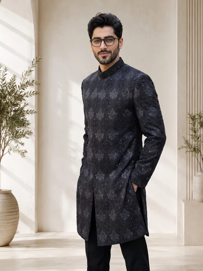 Black Sherwani with Handmade Digital Thread Embroidery