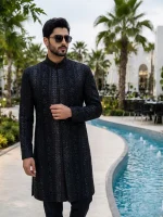 Black Sherwani Stunning Handmade Digital Thread Embroidery for Men - Image 5
