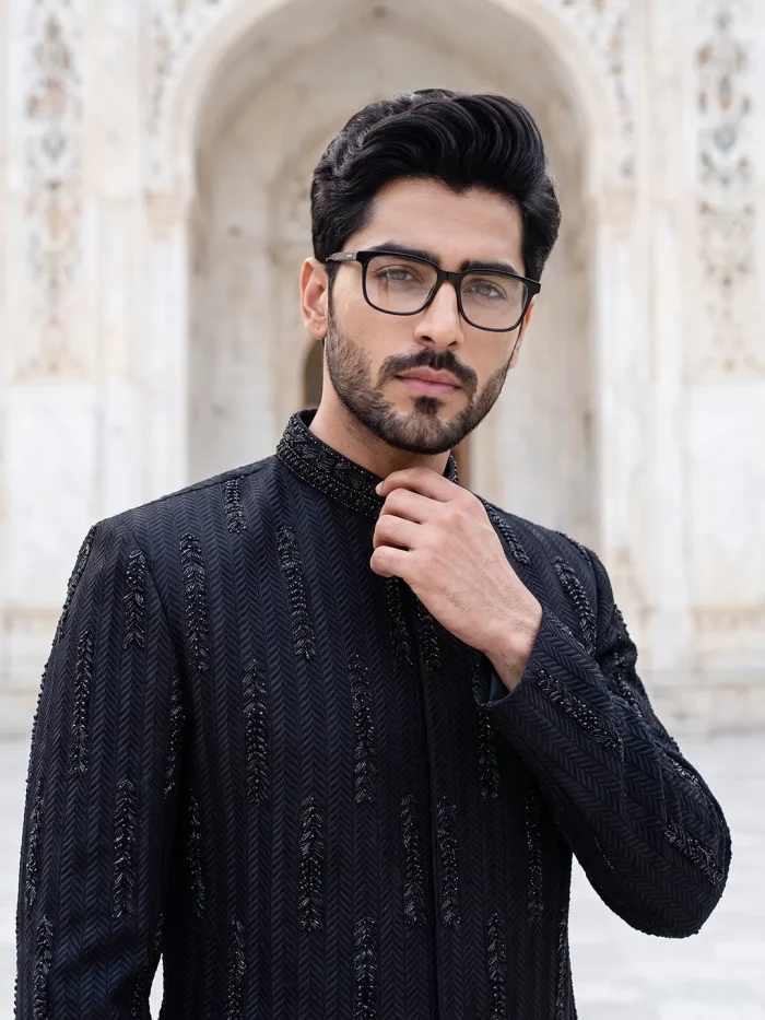 Luxury Black Handmade Sherwani with Digital Thread Embroidery - Image 3