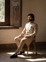 Champagne Gold Sherwani Luxury Silk Handmade Embroidery - Image 2