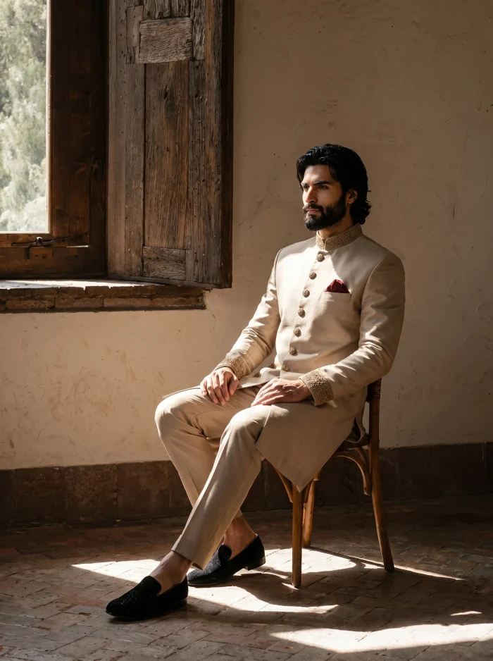 Champagne Gold Sherwani Luxury Silk Handmade Embroidery - Image 2