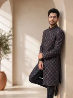 Black Sherwani Stunning Digital Thread Handmade Embroidery - Image 4