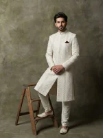 Luxury Off White Sherwani with Digital Thread Embroidery Latest Groom Style - Image 5